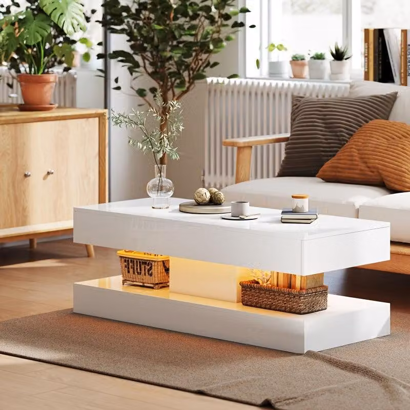 Tavolino bianco - Tavolo moderno - Tavolino contenitore - Mobile minimalista con cassetto e ripiani aperti