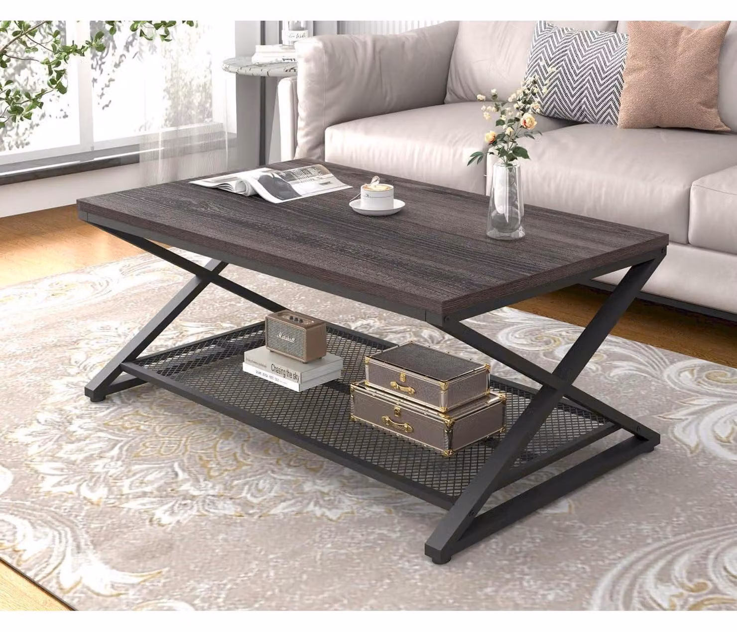 Tavolino da salotto con spazio contenitore, legno e metallo, noce scuro, dimensioni 100x60x45 cm