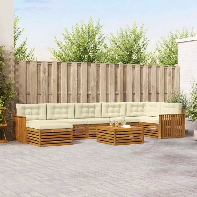 Set di divani da esterno a L vidaXL in legno di acacia con tavolino e pouf, colore beige e bianco, 8 pezzi – 1