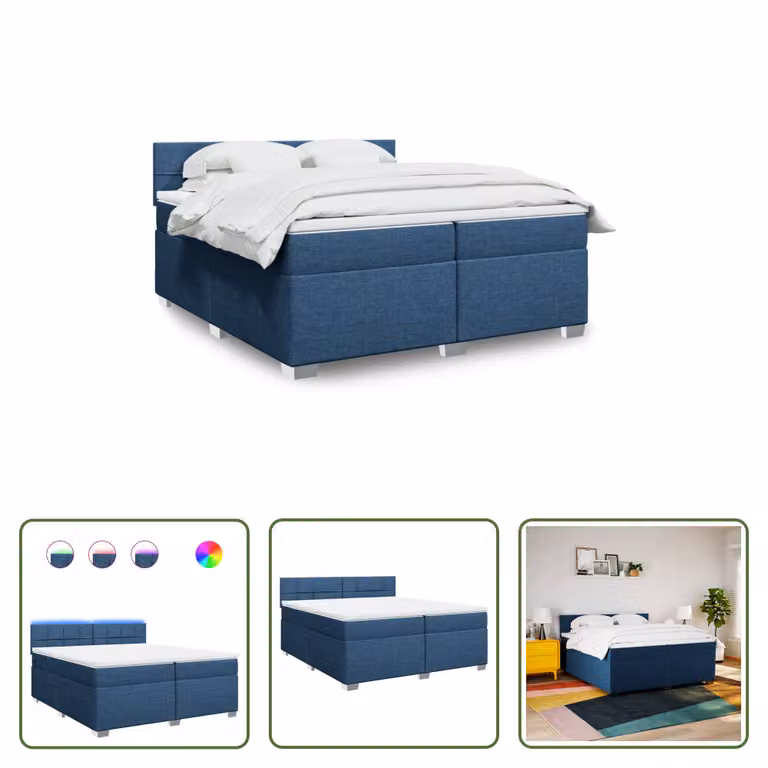 The Living Store Letto a molle con materasso blu 200x200 cm in tessuto