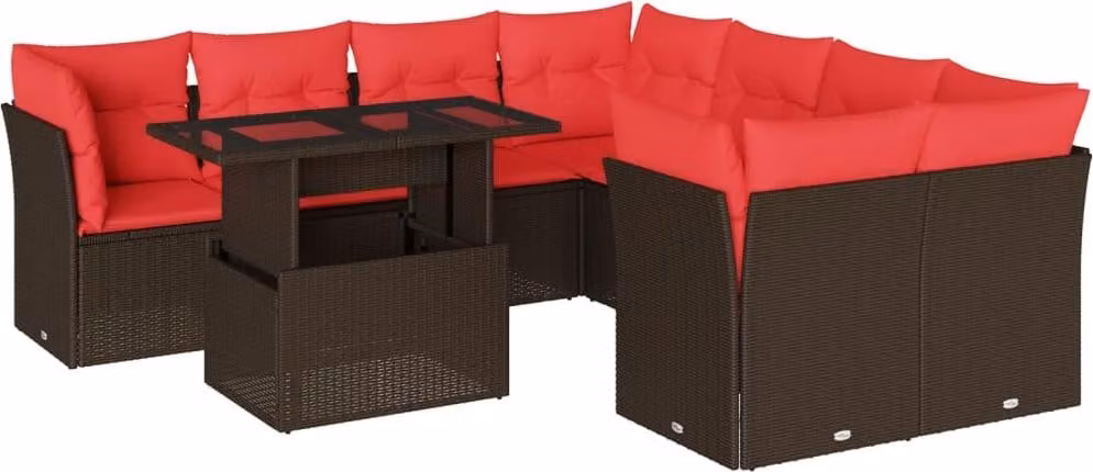 Set Divani da Giardino 9 pz con Cuscini Marrone in Polyrattan