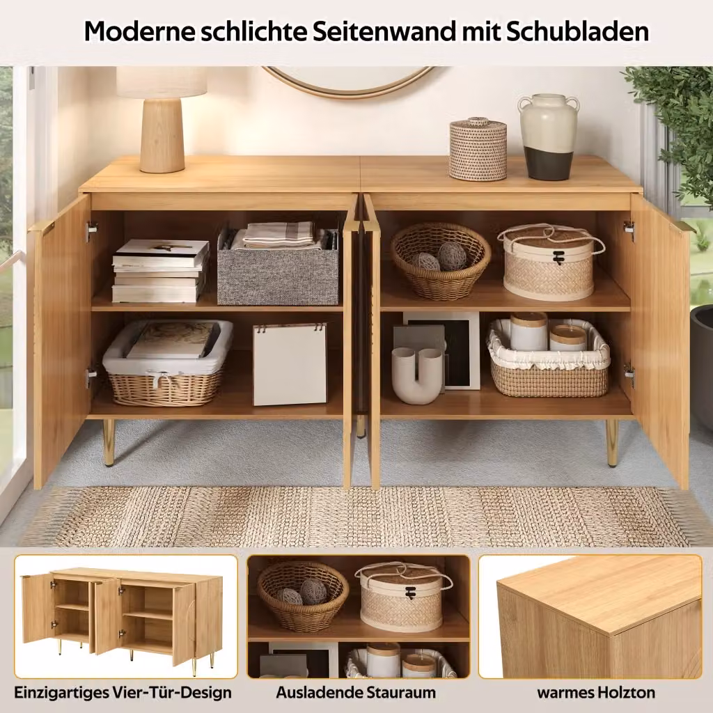 Madia moderna REDOM in MDF beige e oro per soggiorno o sala da pranzo L/P/H: 140 x 40 x 72 cm – 2