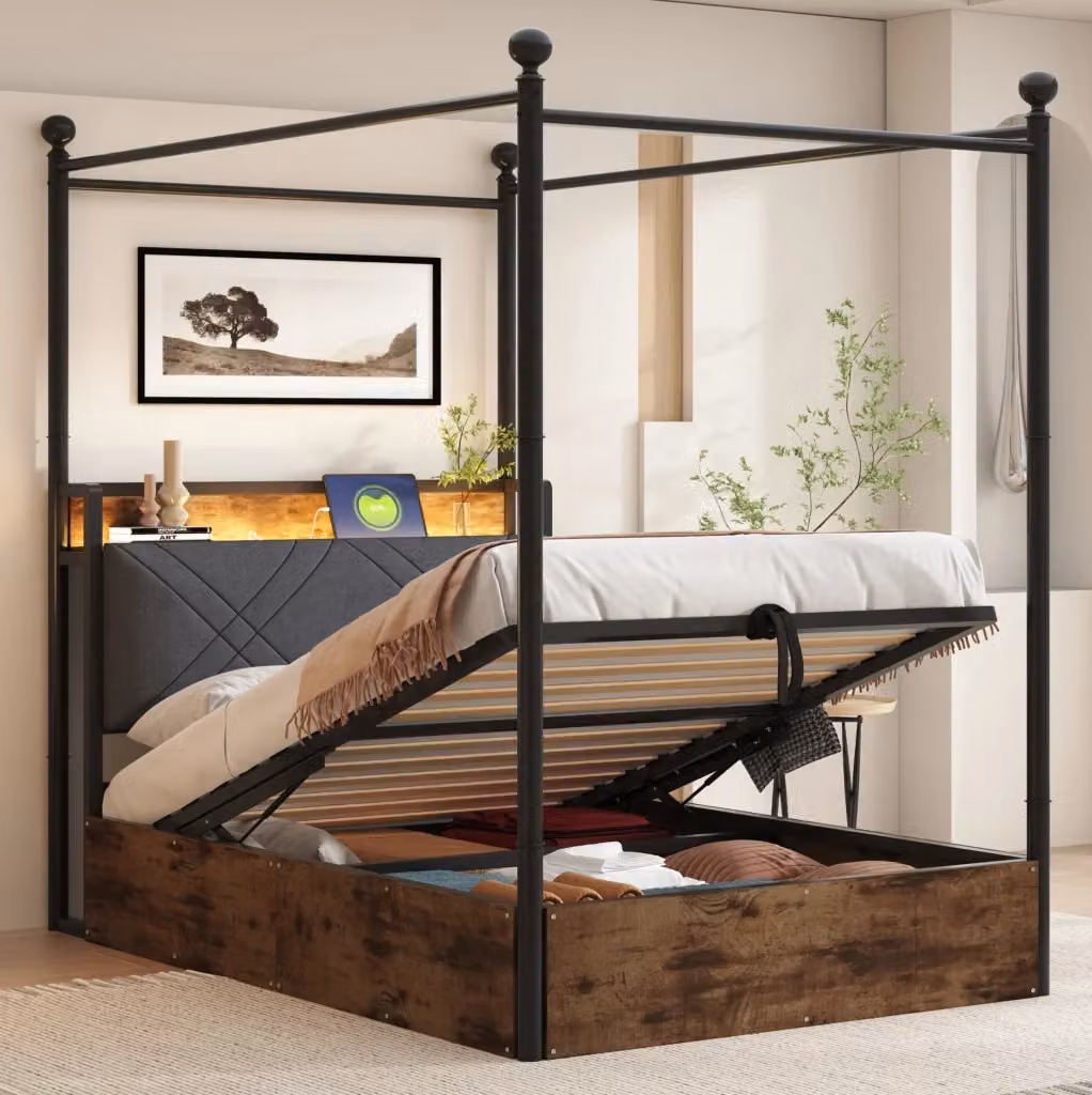 Letto moderno con contenitore a sollevamento, testiera imbottita in tessuto, porta USB e illuminazione sottostante, colore nero, L: 160 cm x P: 120 cm x H: 208,6 cm – 2