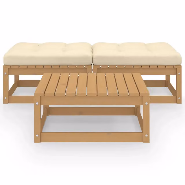Set da giardino vidaXL in legno di pino marrone con cuscini beige composto da divano a 3 posti, tavolino da caffè e pouf