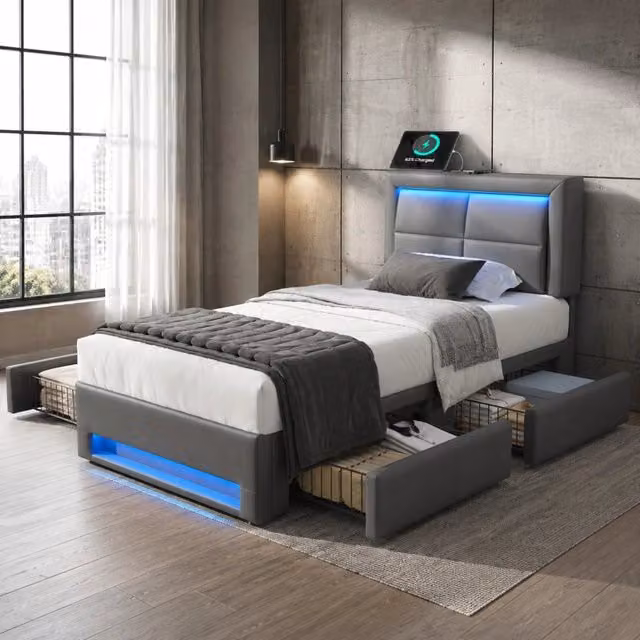 Letto imbottito REDOM grigio con 4 cassetti, illuminazione LED e porta USB, L/P: 90 x 200 cm
