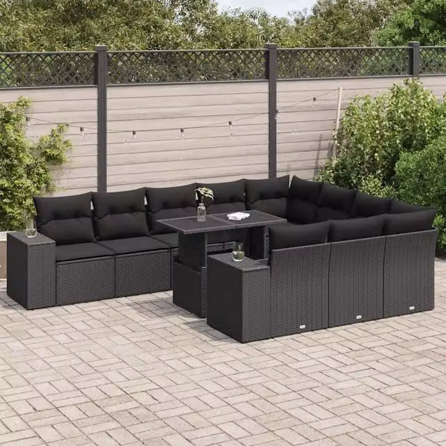 Set di Divani da Giardino a Forma di U vidaXL con 11 Pezzi, Cuscini e Tavolino, Colore Nero – 1
