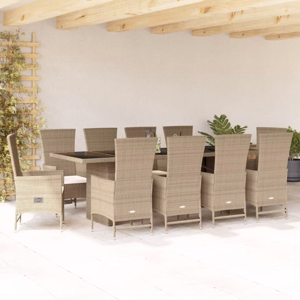 Set da Pranzo da Giardino vidaXL 11 pz in Polyrattan con Cuscini Beige e Tavolo in Vetro
