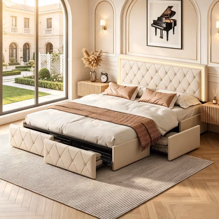 Letto imbottito INONEFT, 160x200 cm, con 4 cassetti, letto per ragazzi/coppie con illuminazione LED, letto contenitore in legno massello con rete a doghe, rivestito in PU, colore beige