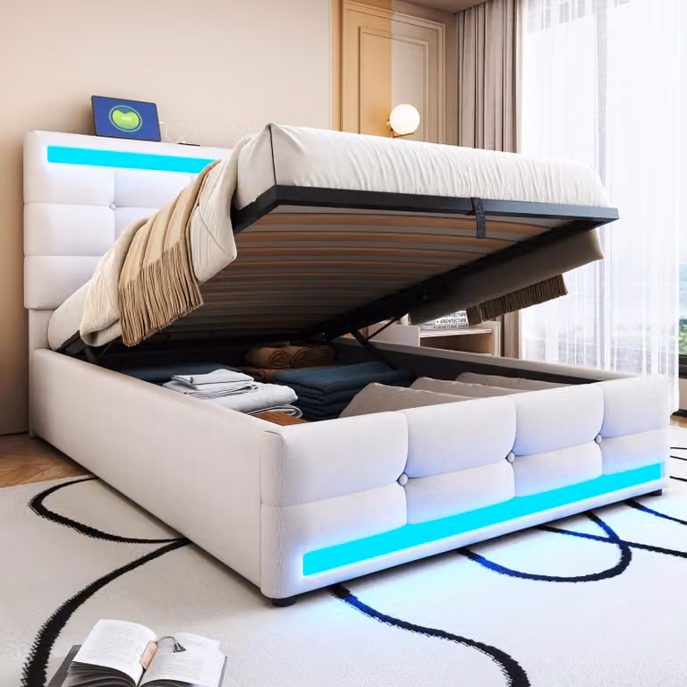 MODFU Letto imbottito con contenitore 90x200, letto per bambini senza materasso con porta USB e illuminazione LED cangiante, struttura del letto con testiera regolabile, beige