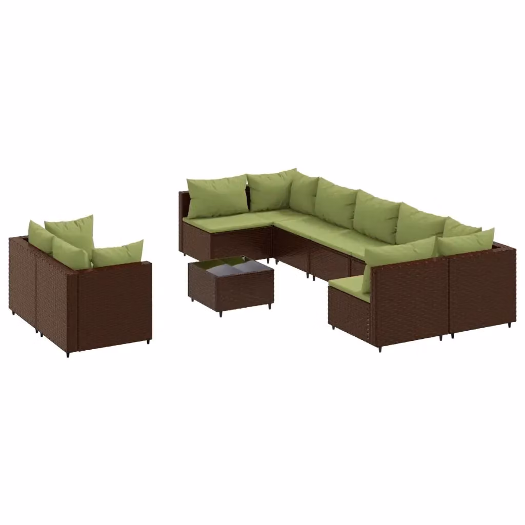 vidaXL Set Divani da Giardino a Forma di U con Cuscini e Tavolino, Polyrattan e Metallo, Marrone e Verde – 2