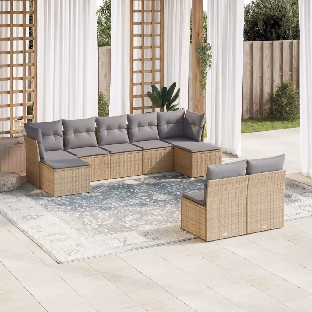 vidaXL Set Divano da Giardino 9 pz a forma di U in Polyrattan con Cuscini Beige e Grigio e Struttura in Acciaio Verniciato a Polvere – 1
