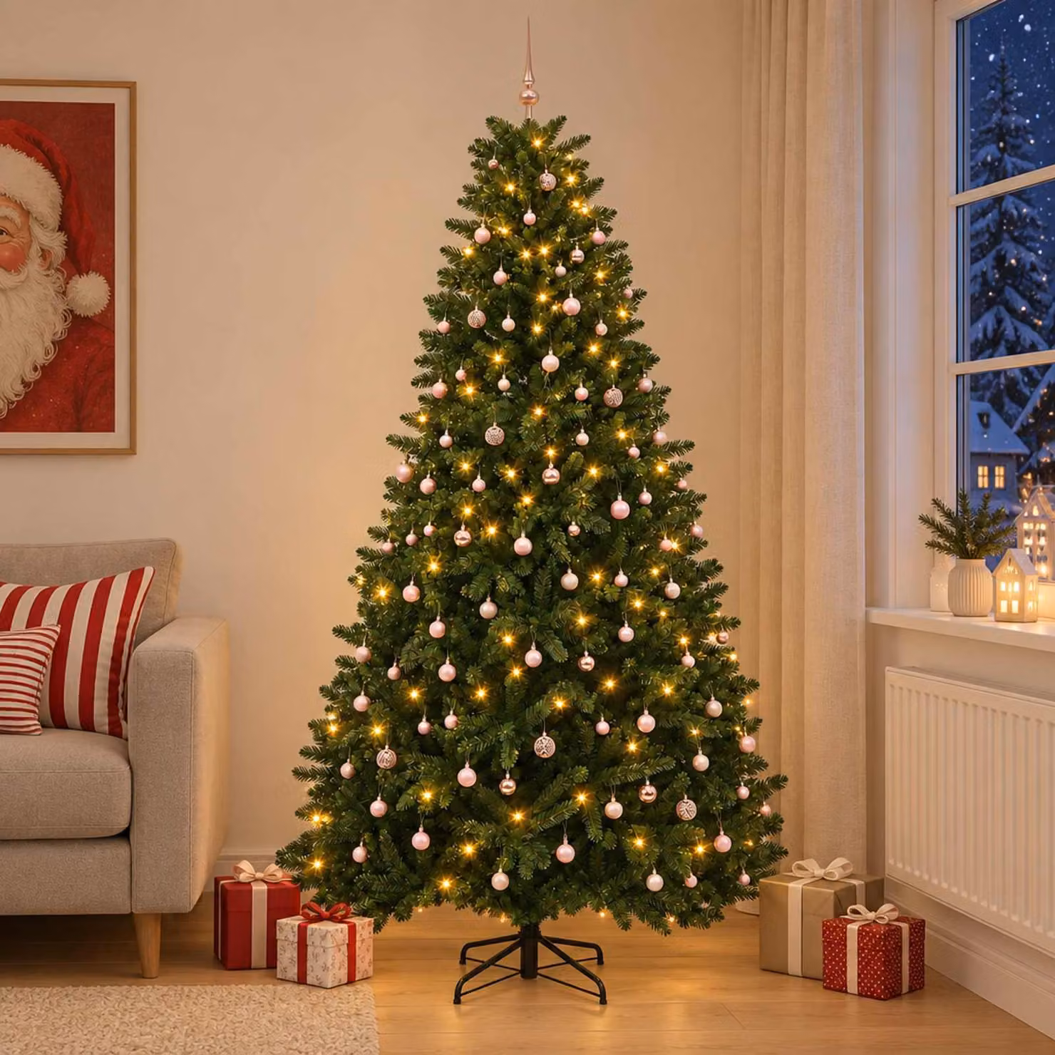 Albero di Natale artificiale, colore verde medio, con decorazioni a palline, altezza 270 cm