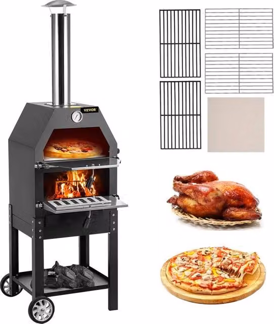 Forno per pizza 2 livelli - per esterno - con ruote rimovibili - inclusa pietra per pizza, due piastre in acciaio inossidabile, due grigliate in acciaio di carbonio resistenti
