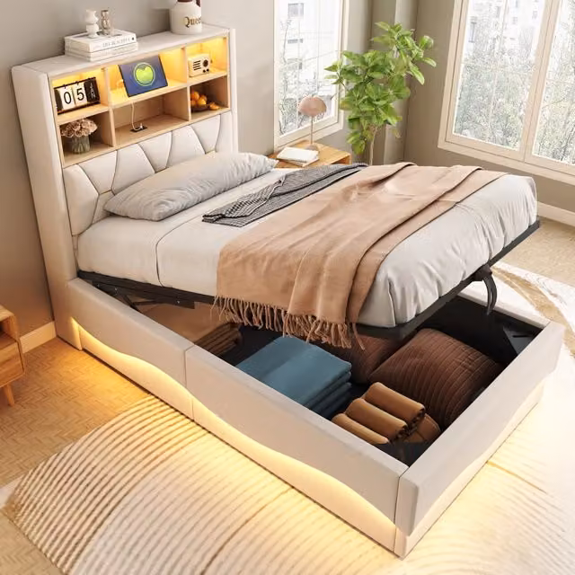 Letto singolo per bambini OKWISH con contenitore idraulico, luci LED, porta USB e mensola laterale, beige, L/P/H: 200 x 90 x 131 cm
