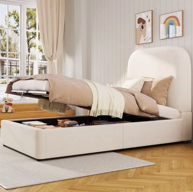 Letto singolo 90x200 cm beige con contenitore idraulico e testiera, senza materasso