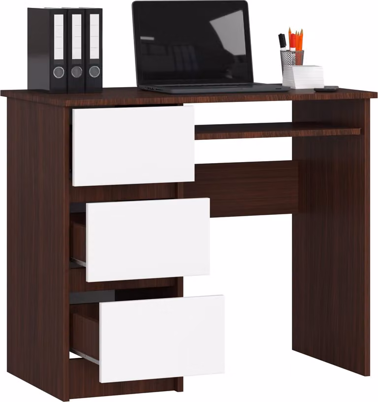 BDW, scrivania per computer con 3 cassetti, cassetto per tastiera, 90x77x50 cm, Venga / bianco (a sinistra)