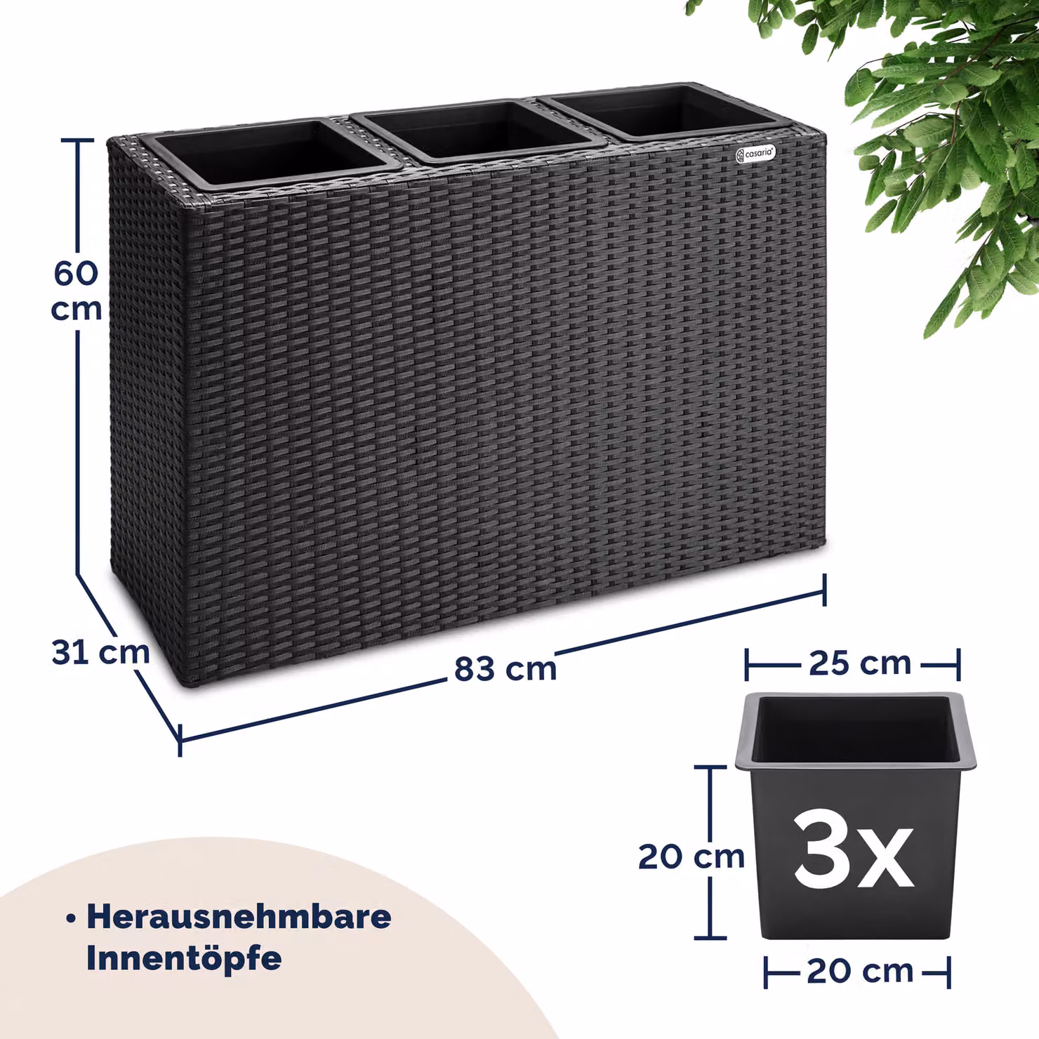 Fioriera da esterno Casaria in polyrattan nera L: 83 cm, P: 30,5 cm, H: 60 cm – 2