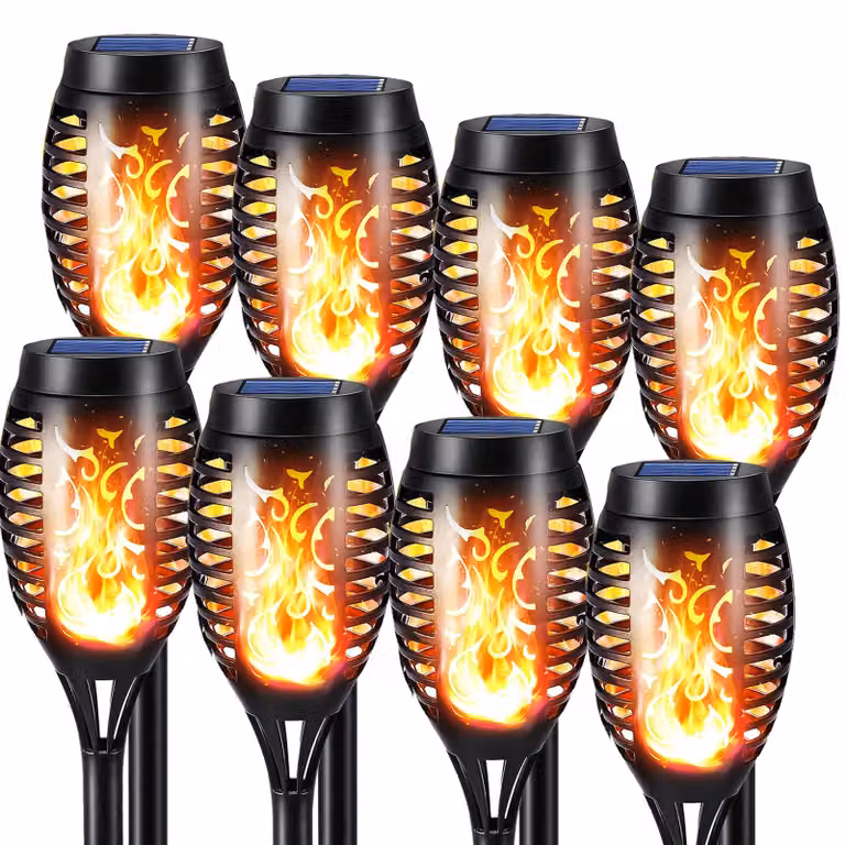 8 luci solari a forma di torcia con effetto fiamma tremolante, luce bianco caldo, grado di protezione IP65