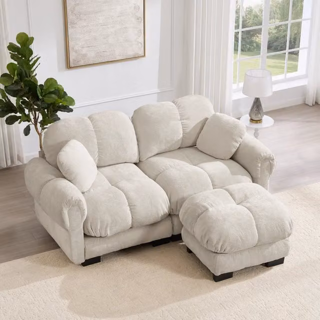 Divano angolare modulare 190x149x90 cm con pouf mobile in chenille kaki chiaro