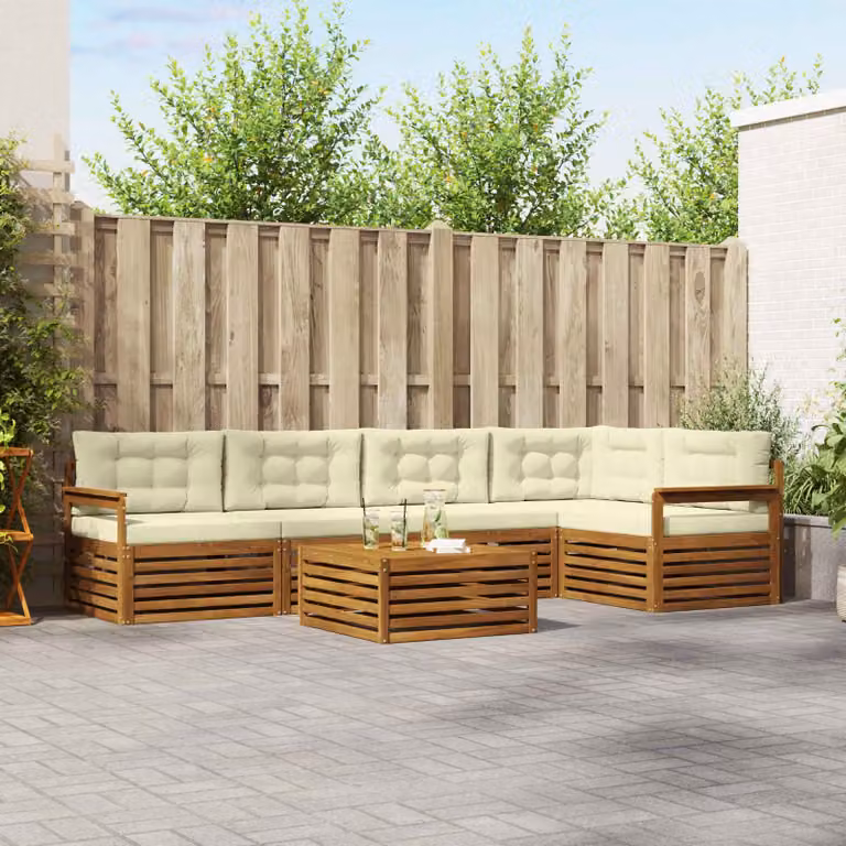 Set di divani da esterno vidaXL 6 pz in legno di acacia con cuscini e tavolino, colore naturale e crema