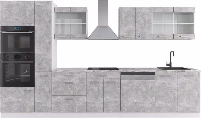 Cucina componibile moderna Vicco R-Line Calcestruzzo e Bianco con armadio alto, larghezza: 350 cm