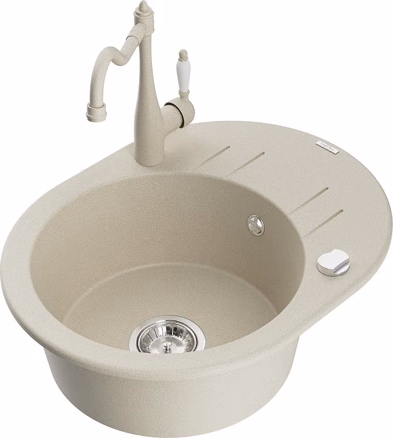 Mexen Kevin lavello in granito a 1 vasca con sgocciolatoio e rubinetto da cucina Carla, beige - 6517-69-670700-69
