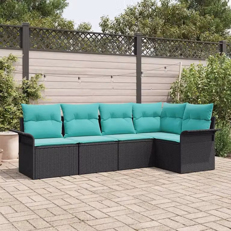 Set Divano da Giardino vidaXL 5 pz in Polyrattan con Cuscini, Colore Nero e Turchese, Design Moderno a L con Struttura in Acciaio Verniciato a Polvere