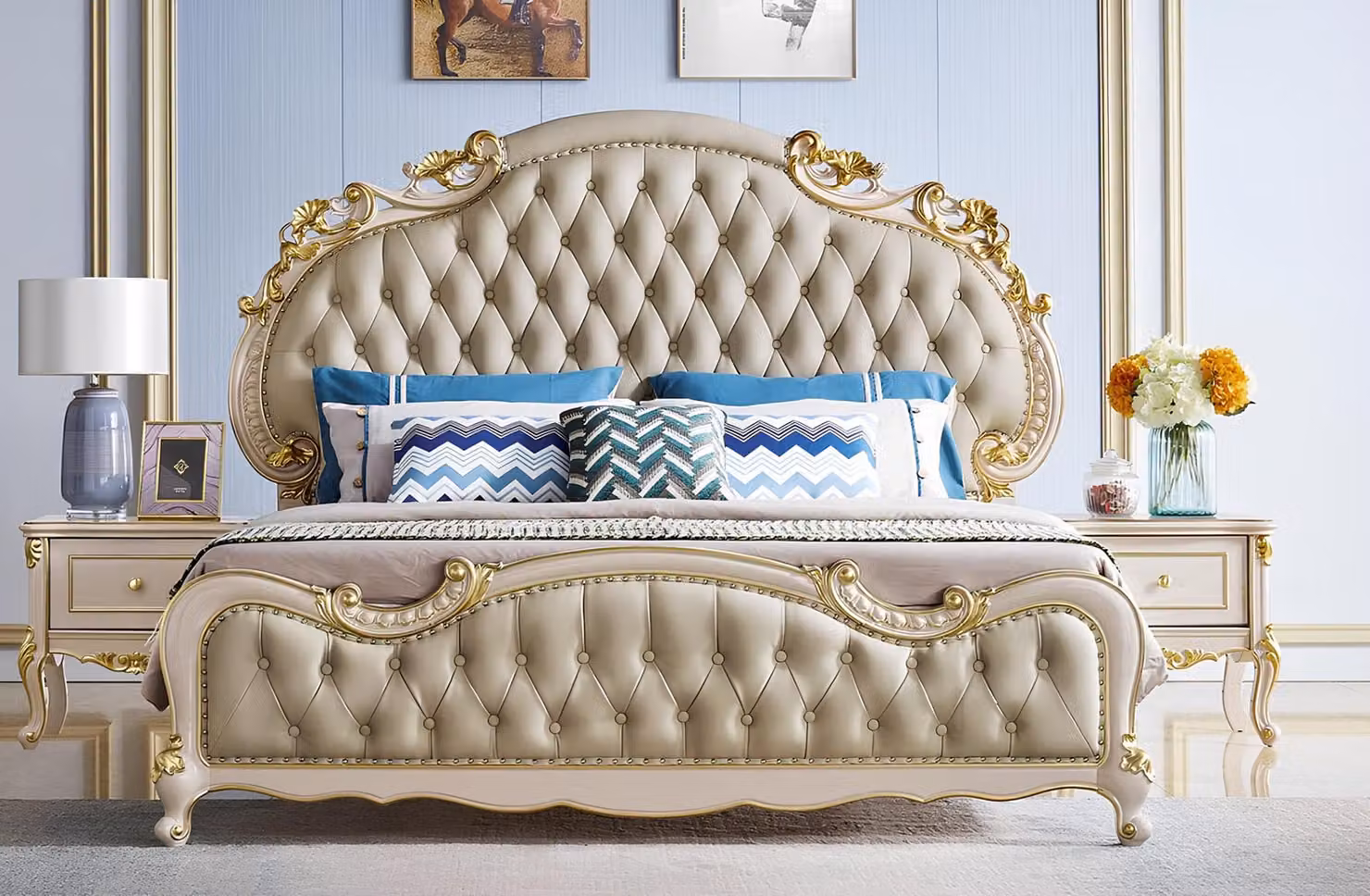 Chesterfield Bett Design Klassische Betten Doppel Echtholz Polster Schlafzimmer