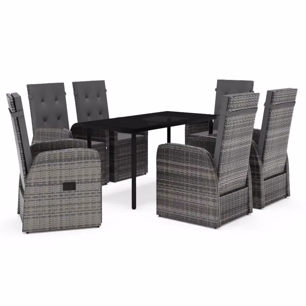 Set da pranzo da giardino vidaXL in polyrattan con tavolo in vetro e 7 sedie con cuscini, Grigio e Nero – 2