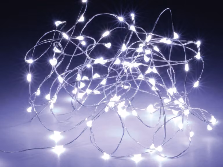 Catena luminosa a LED, bianca, LED, su filo argentato, 100 LED (495 cm)