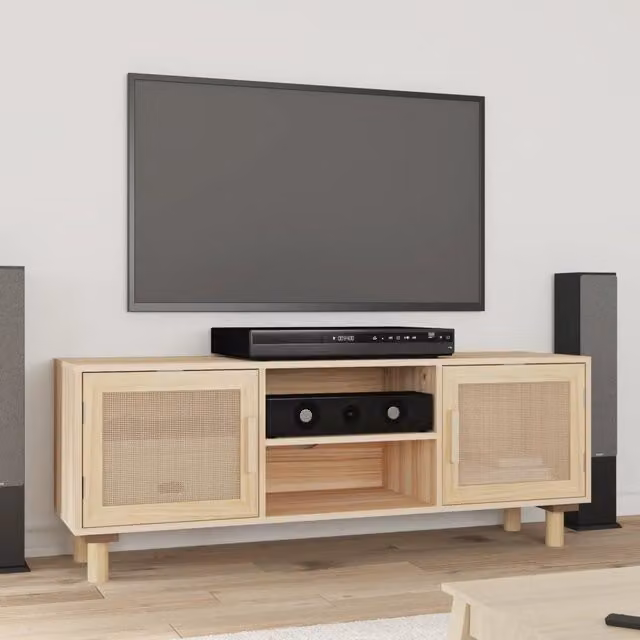 Mobile TV-Credenza per TV-Console TV Marrone 105x30x40 cm Massello Pino e Rattan Naturale