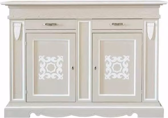 Credenza in legno di pioppo stile shabby chic con 2 porte e 2 cassetti color tortora e profili bianchi Mobili 2G L: 170 cm, P: 55 cm, H: 123 cm