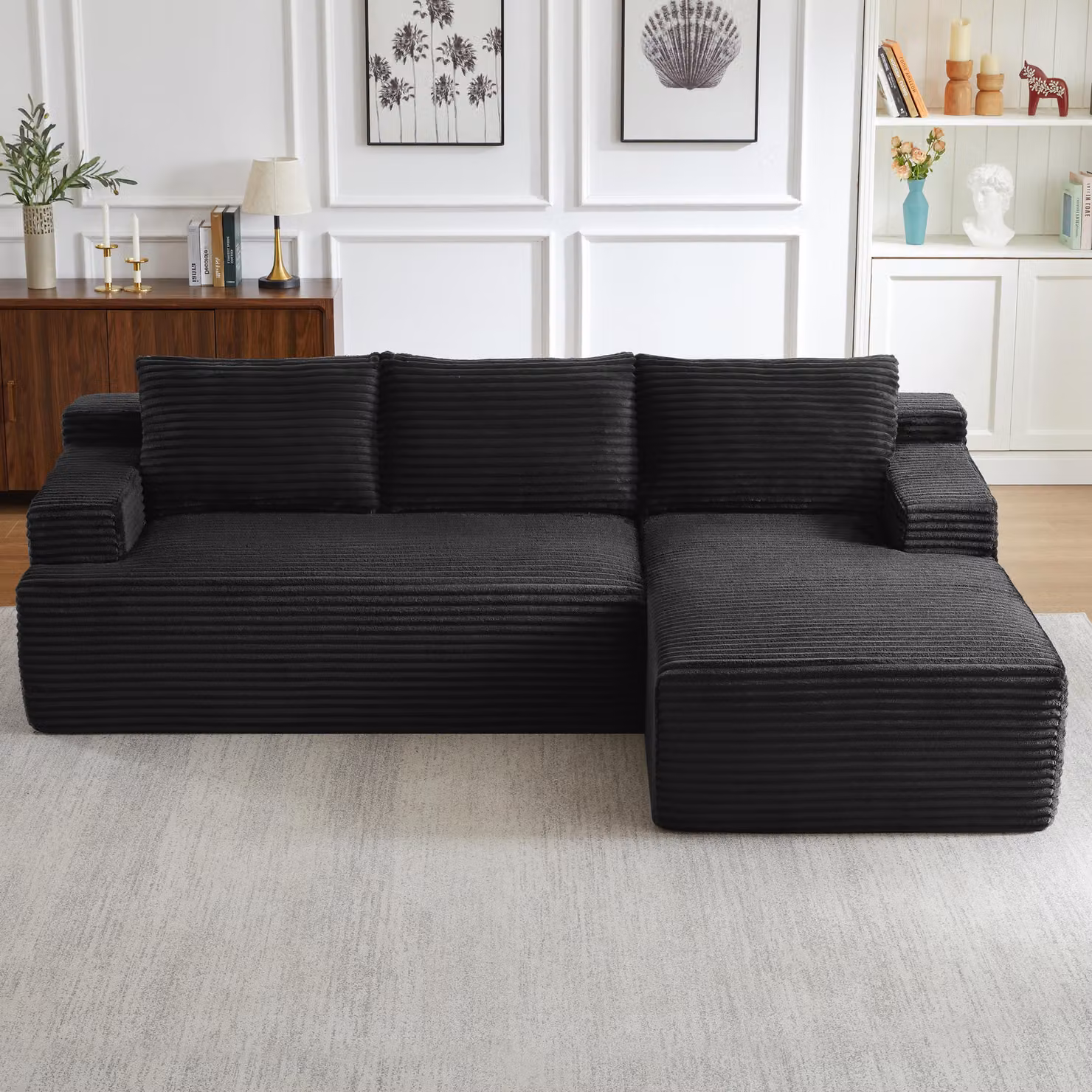Divano ad angolo, modello L, divano letto modulare con seduta profonda, imbottitura in schiuma e molle insacchettate, rivestimento in tessuto corduroy, non richiede montaggio, design Cloud Sofa