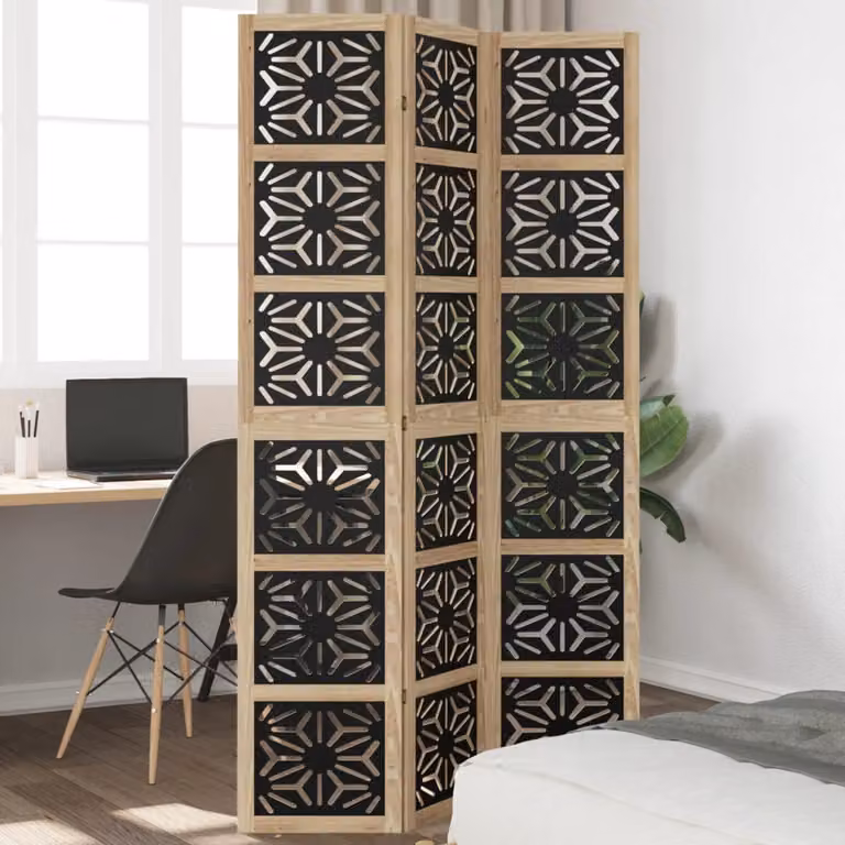 vidaXL Divisorio Ambienti Moderno in Legno di Paulownia Massello con 3 Pannelli Geometrici, Marrone e Nero, H: 180 cm, L: 170 cm, P: 3 cm