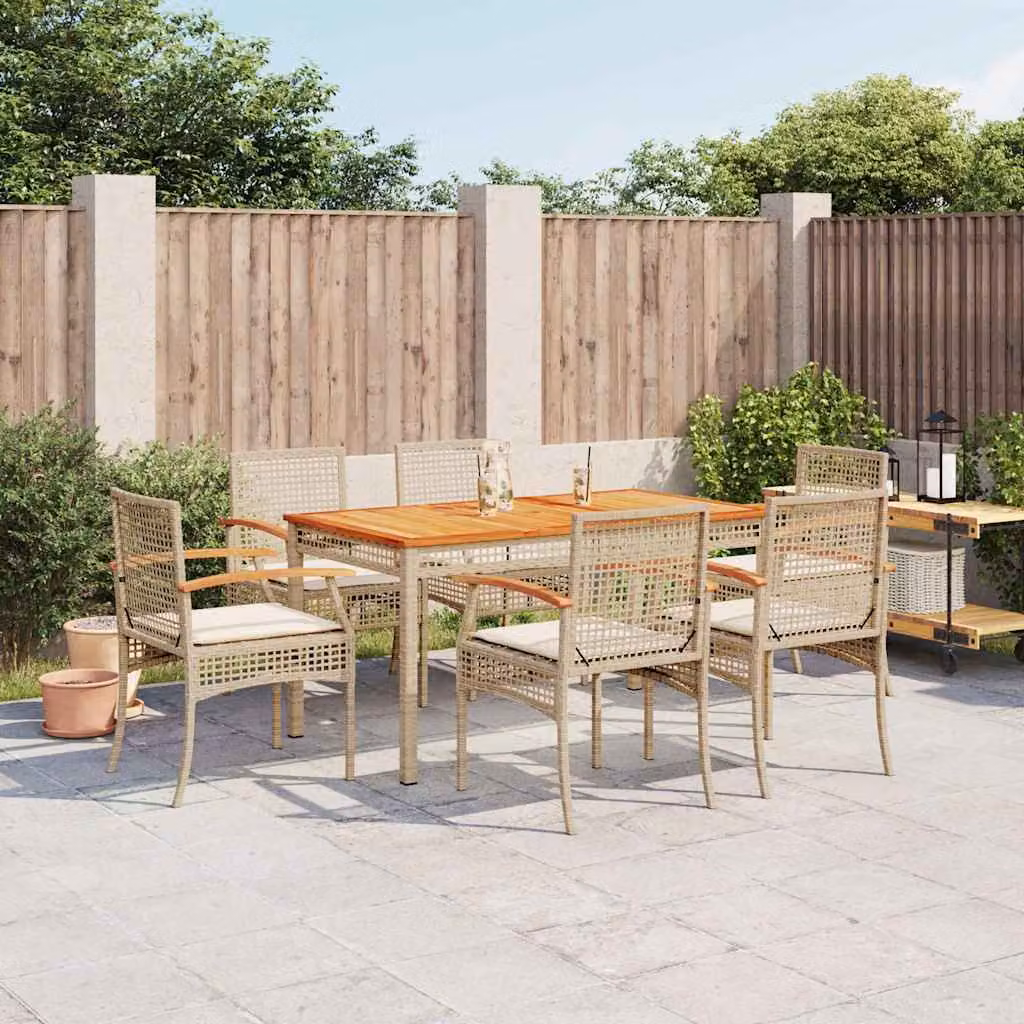 Set da pranzo da giardino vidaXL in polyrattan con cuscini beige e tavolo in legno di acacia per 7 persone
