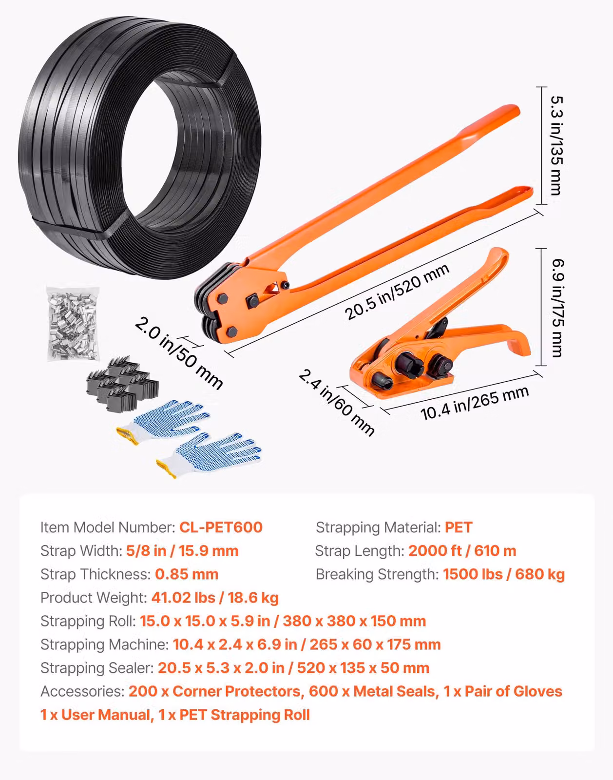 Kit per il fissaggio con cinghie, 600 metri di cinghie in PET, 600 fermagli metallici, 600 metri di cinghie