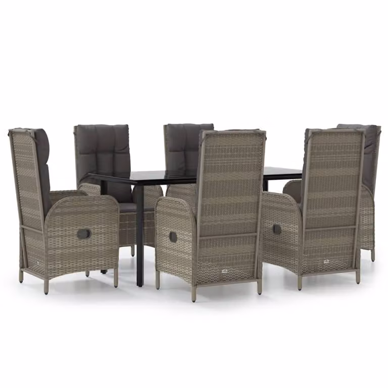 Set da Pranzo Giardino 7pz Nero e Grigio con Cuscini Polyrattan