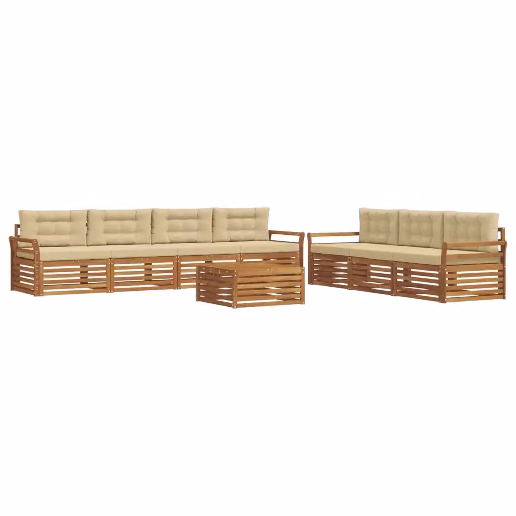 Set di divani da esterno vidaXL a forma di U composto da 8 pezzi con tavolino da caffè, in legno di acacia trattato e tessuto beige e sabbia – 2
