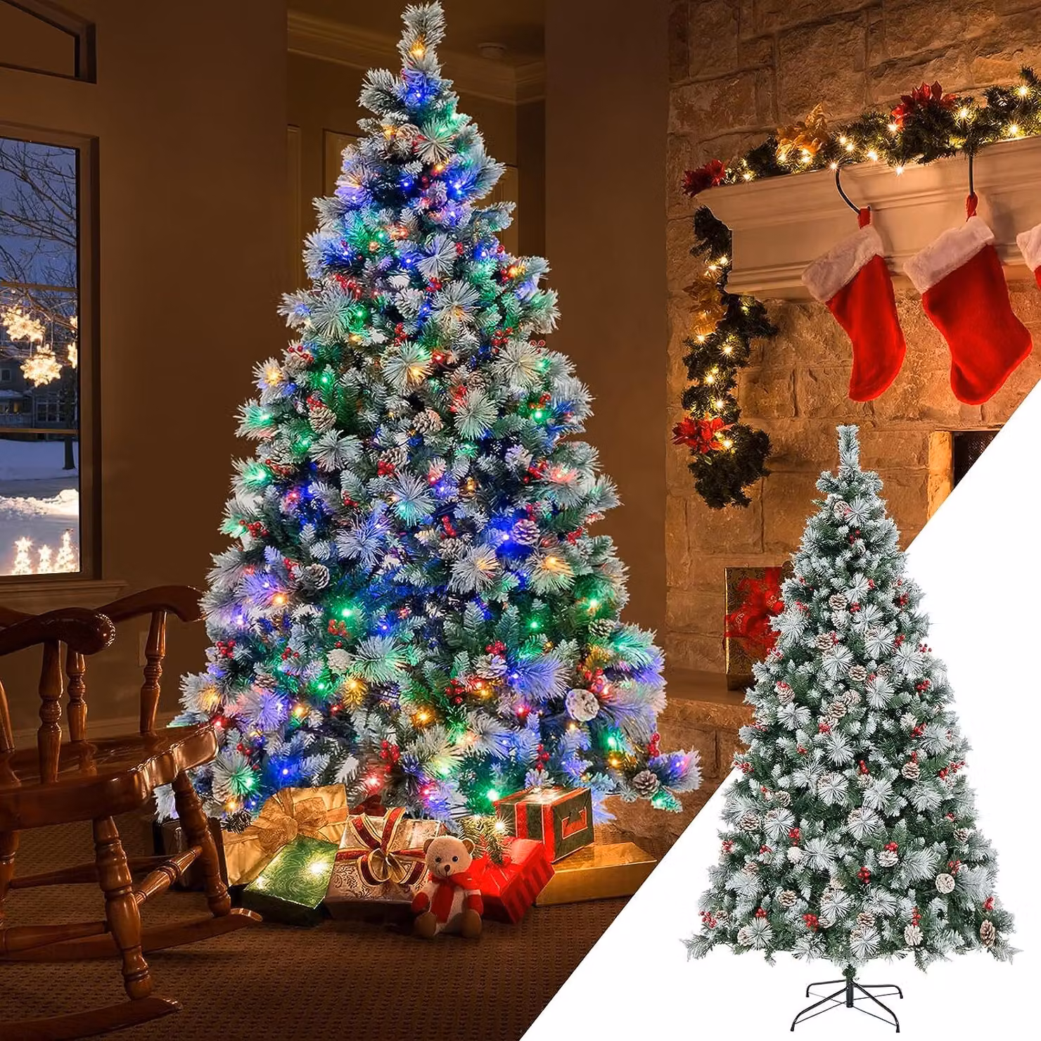 COSTWAY 210cm albero di Natale artificiale LED, albero di Natale illuminato con pigne e bacche rosse e supporto in metallo, 11 modalità di illuminazione, albero di Natale artificiale in PVC, verde