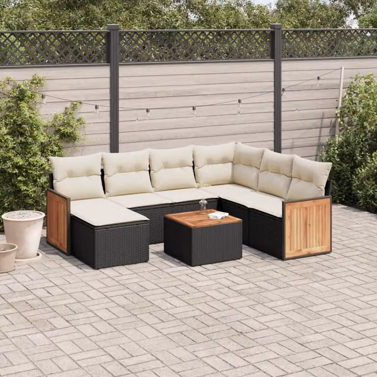 vidaXL Set Divani da Giardino a L in Polyrattan Nero con 8 Cuscini e Tavolino da Esterno
