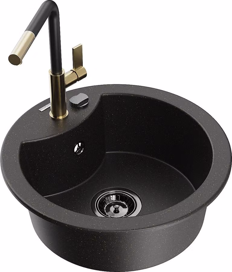 Mexen Diego lavello in granito a 1 vasca con miscelatore da cucina Flora, nero/oro metallico - 6512-75-670401-57-B