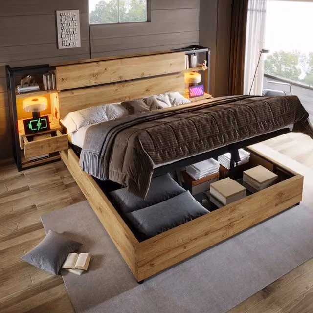 Letto matrimoniale 160×200 cm con vano contenitore, cassetti, ripiani e ricarica USB e tipo C, senza materasso, rovere