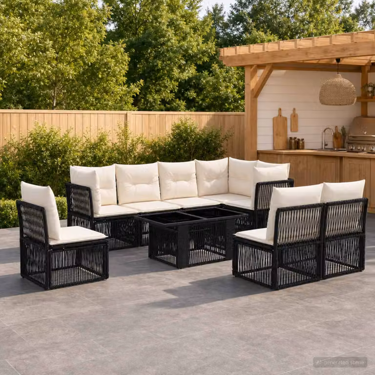 Set Divano da Giardino Moderno vidaXL in Polyrattan Nero con Cuscini e Tavolino da Caffè