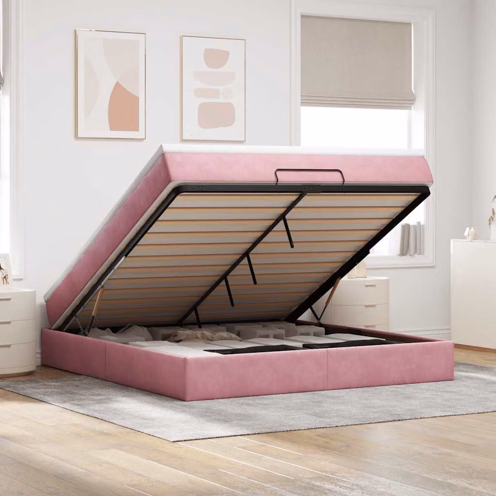 vidaXL Struttura Letto con Pouf e Materasso in Velluto Rosa e Bianco, L/P/H: 200 x 160 x 23,5 cm – 1