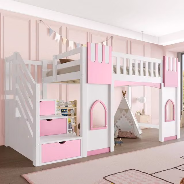 Letto a Soppalco con Vano Contenitore e Finestra ¨C MINIMAL ¨C Bianco/Rosa 90x200