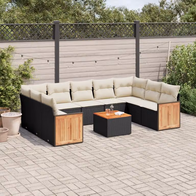 vidaXL Set Divani da Giardino a Forma di U in Polyrattan Nero con Cuscini e Tavolino da Esterno
