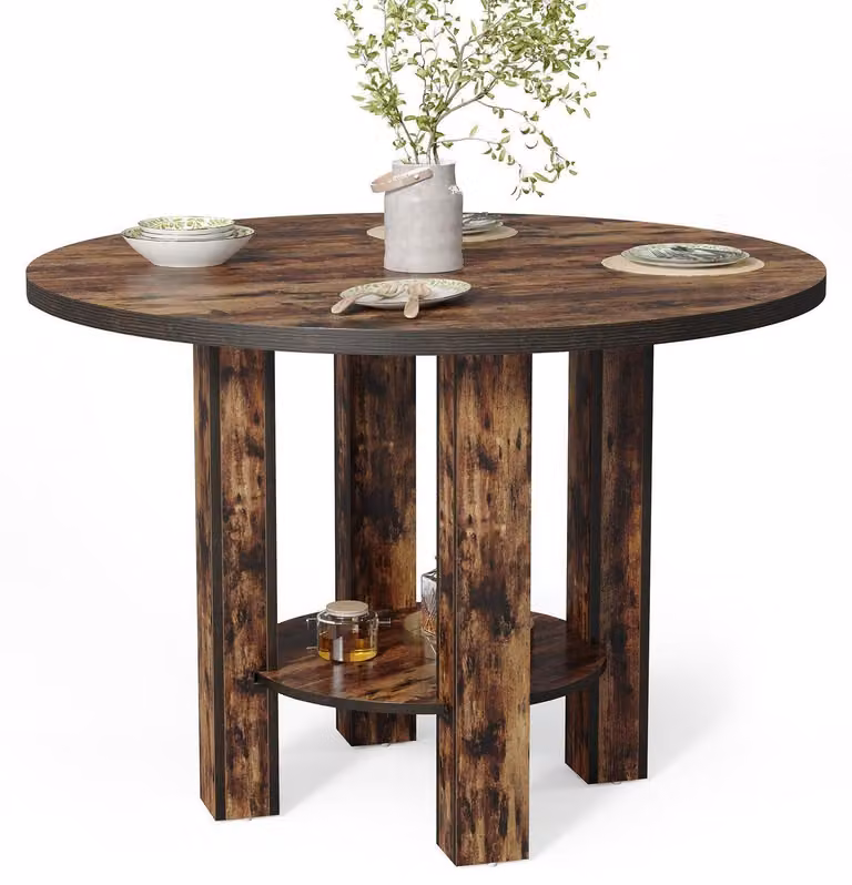 Tavolo rotondo da pranzo per 4 persone, dimensioni 100 x 75 cm, in legno con ripiano, colore marrone rustico