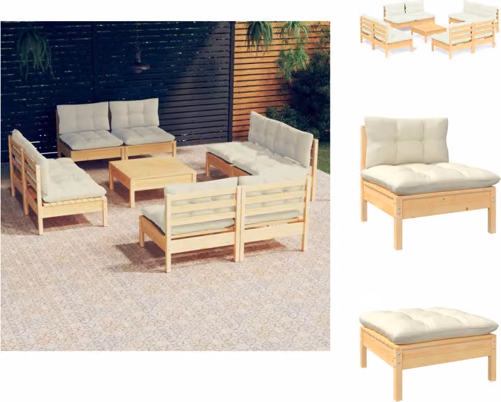 vidaXL Set da salotto da giardino 9 pezzi con cuscini crema in legno di pino - Set di mobili da giardino