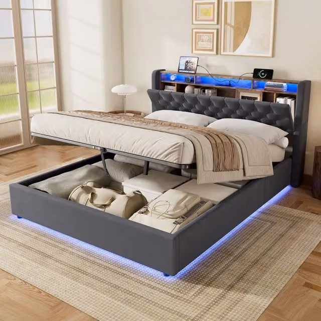 Letto contenitore 160x200 cm con testiera portaoggetti; struttura in metallo e legno; velluto grigio scuro