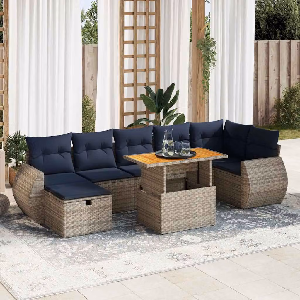 Set Divano da Giardino a L vidaXL in Polyrattan e Legno di Acacia con 8 Pezzi, Cuscini Blu e Grigio e Tavolino da Caffè